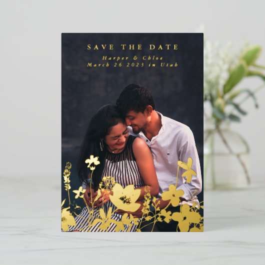 モダン春エレガントワイルドフラワーBoho写真救T  箔招待状 (立ち正面)