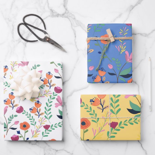 モダン春カラフルワイルドフラワーメドウフローラ ラッピングペーパーシート (正面)