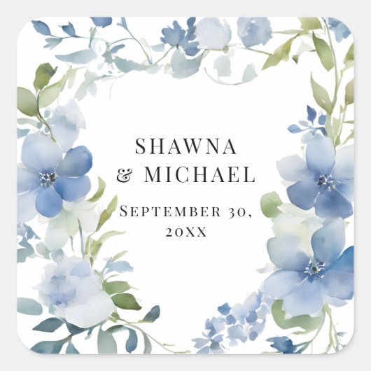 モダン春フローラブルーホワイトウォーター結婚カラー スクエアシール (正面)