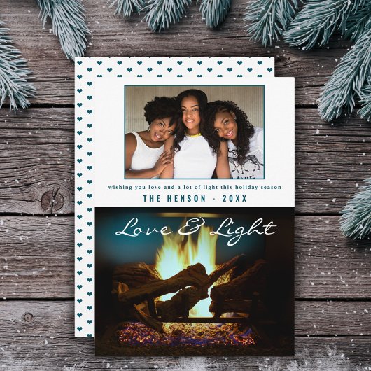 モダン暖炉の火の木の居心地の良いクリスマスフォト カード