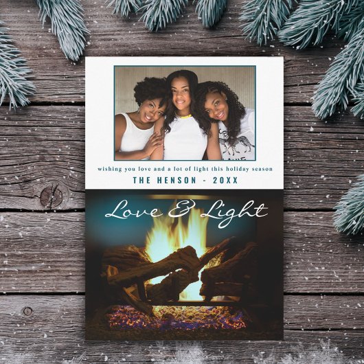 モダン暖炉の火の木の居心地の良いクリスマスフォト カード