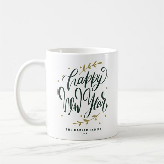 モダン書道リースの緑の新年 コーヒーマグカップ (左)