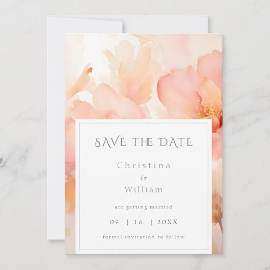 モダン桃の花結婚式の日付を保存 招待状 (正面)