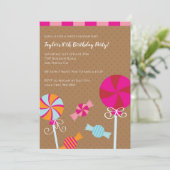 モダン棒つきキャンデー:ピンクブラウンキャンディバースデーパーティー 招待状 (スタンド正面)