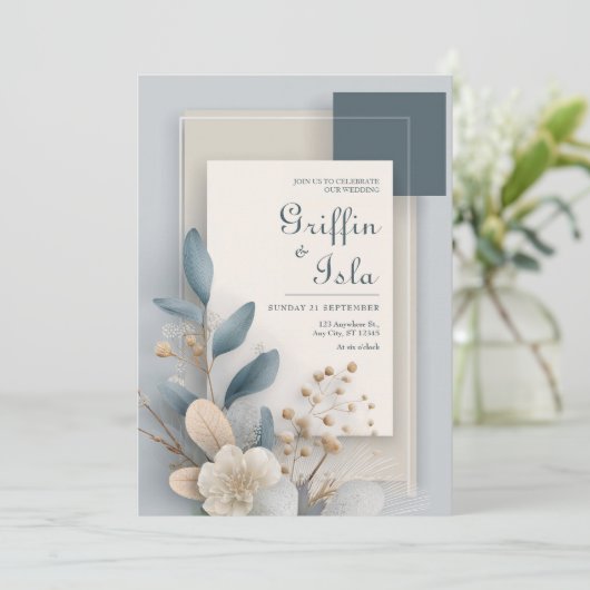 モダン植物幾何学ブルーとベージュ結婚ズ 招待状 (スタンド正面)