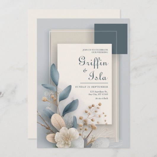 モダン植物幾何学ブルーとベージュ結婚ズ 招待状 (正面/裏面)