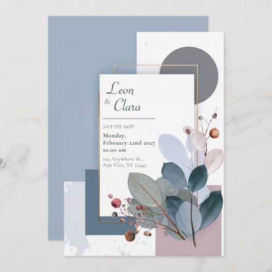 モダン植物幾何学ブルーと赤面結婚ズ 招待状 (正面/裏面)