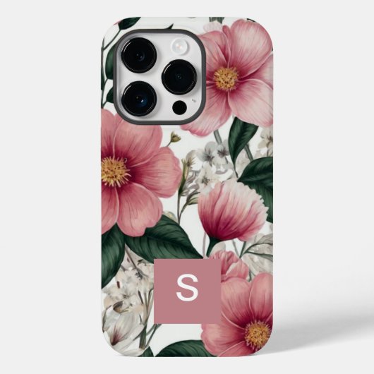 モダン植物性ピンクの花モノグラムの Case-Mate iPhoneケース (裏面)
