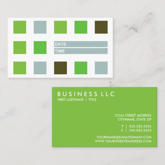 モダン正方形アポイントメントカード(緑) 予約カード (正面/裏面)