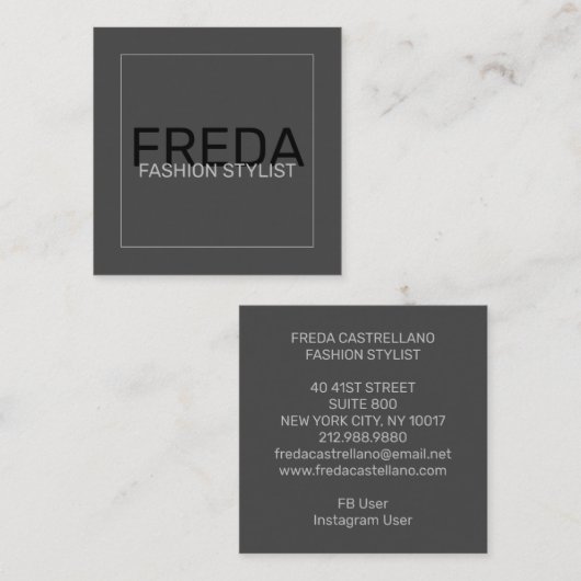 モダン正方形ブラックファッションスタイリスト スクエア名刺 (正面/裏面)