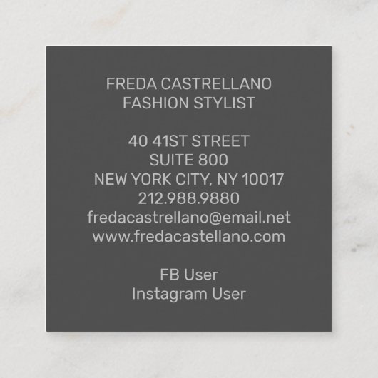 モダン正方形ブラックファッションスタイリスト スクエア名刺 (裏面)