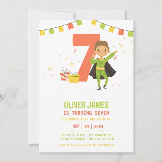 モダン歳のスーパーヒーローの男の子の誕生日 招待状 (正面)