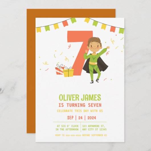 モダン歳のスーパーヒーローの男の子の誕生日 招待状 (正面/裏面)