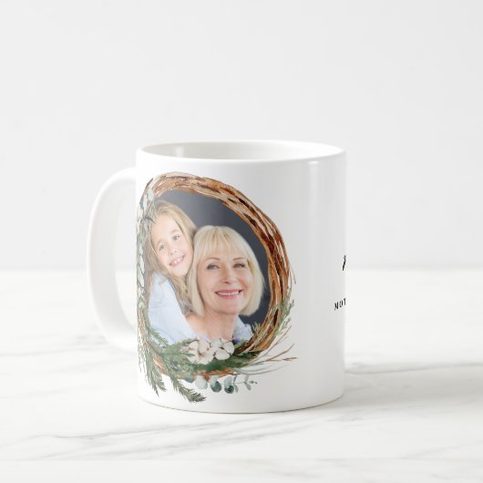 モダン母の台本の葉のリース写真休日 コーヒーマグカップ (正面左)