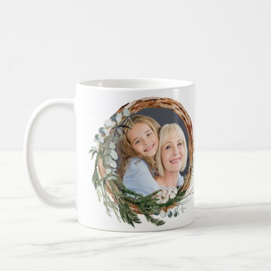 モダン母の台本の葉のリース写真休日 コーヒーマグカップ (左)