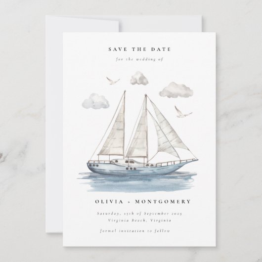 モダン水エレガント色セーリングヨット 招待状 (正面)