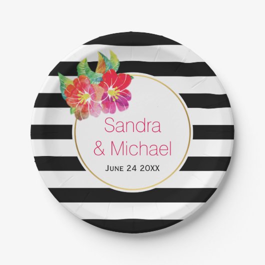 モダン水彩の花とストライプフローラ結婚 ペーパープレート (正面)