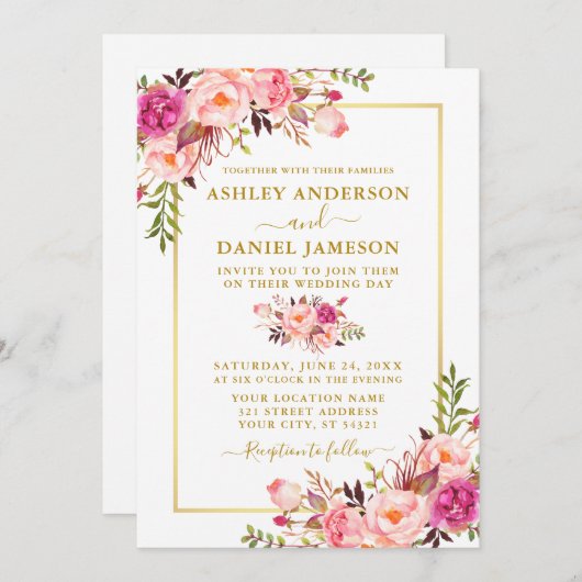 モダン水彩ピンク赤面フローラ結婚金ゴールド 招待状 (正面/裏面)