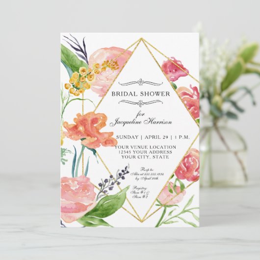 モダン水彩フローラ幾何学的金ゴールド花 招待状 (スタンド正面)