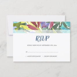 モダン水彩フローラ葉ターコイズ結婚ズ 出欠カード