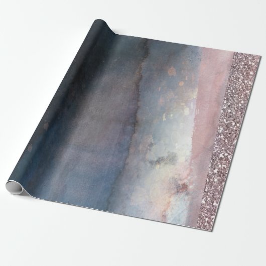 モダン水彩ブルー&バラ金ゴールドピンクパーティー ラッピングペーパー (アンロールド)