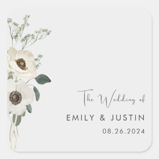 モダン水彩白結婚花 スクエアシール (正面)