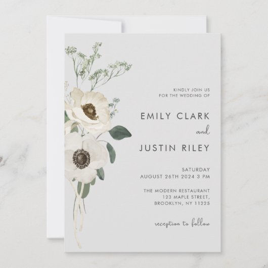モダン水彩白結婚花 招待状 (正面)