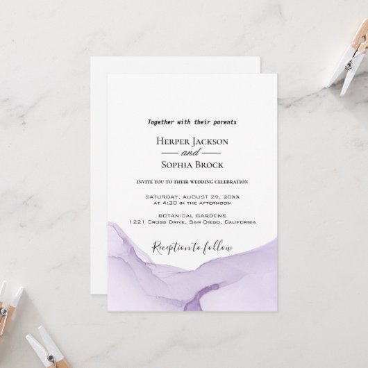 モダン水彩紫結婚式招待状 招待状 (正面/裏面インサイチュ)