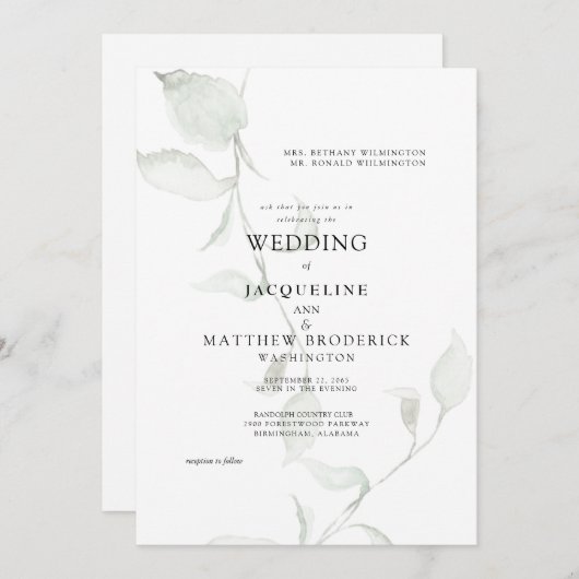 モダン水彩結婚葉 招待状 (正面/裏面)