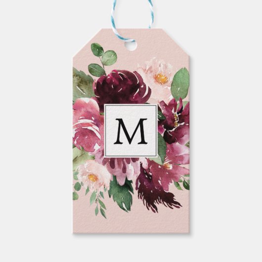 モダン水彩花モノグラムの ギフトタグ (正面)