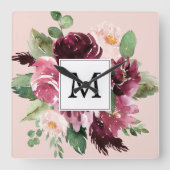 モダン水彩花モノグラムの スクエア壁時計 (正面)