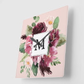 モダン水彩花モノグラムの スクエア壁時計 (傾斜)