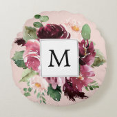 モダン水彩花モノグラムの ラウンドクッション (正面)