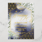 モダン水彩葉のジオメトはっきりしたリックフレーム 箔招待状 (正面)