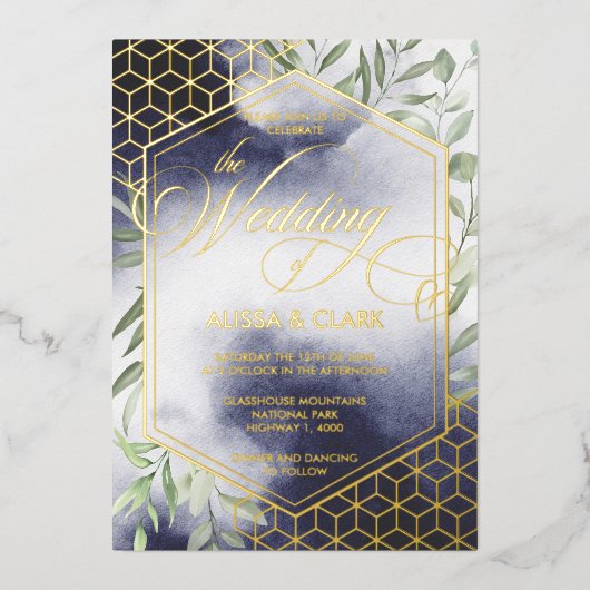 モダン水彩葉のジオメトはっきりしたリックフレーム 箔招待状 (正面)