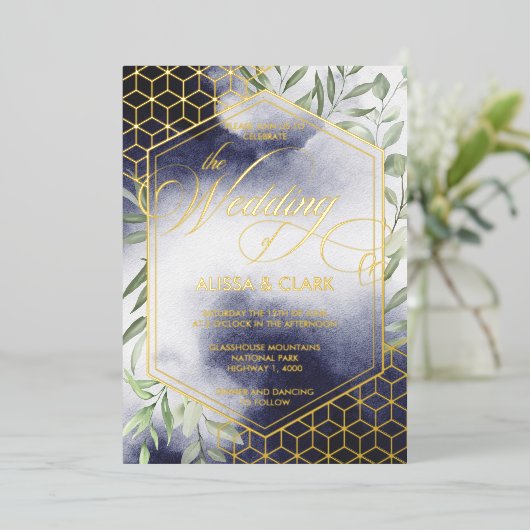 モダン水彩葉のジオメトはっきりしたリックフレーム 箔招待状 (立ち正面)
