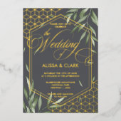 モダン水彩葉のジオメトはっきりしたリックフレーム 箔招待状 (正面)