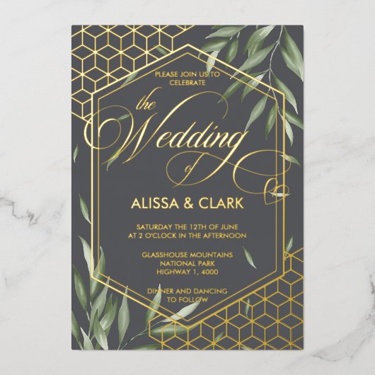 モダン水彩葉のジオメトはっきりしたリックフレーム 箔招待状 (正面)