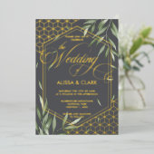 モダン水彩葉のジオメトはっきりしたリックフレーム 箔招待状 (立ち正面)