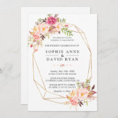 モダン水彩赤面花金ゴールド結婚ズ 招待状 (正面/裏面)