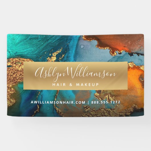 モダン水彩金ゴールドターコイズヘアサロン 横断幕 (横)