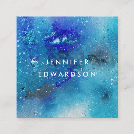 モダン水彩青ティール（緑がかった色）（ばちゃばちゃ）跳ねるプロフェッショナル スクエア名刺 (正面)
