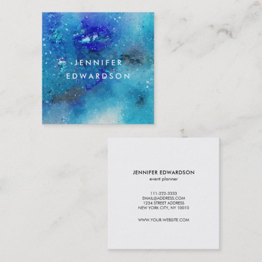 モダン水彩青ティール(緑がかった色)(ばちゃばちゃ)跳ねるプロフェッショナル スクエア名刺 (正面/裏面)