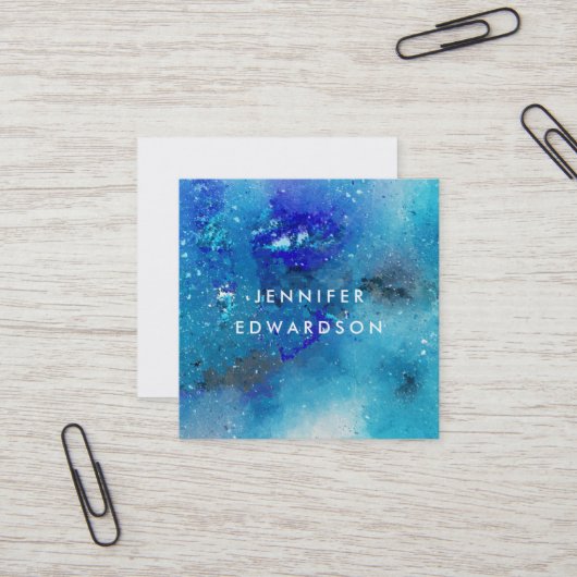 モダン水彩青ティール(緑がかった色)(ばちゃばちゃ)跳ねるプロフェッショナル スクエア名刺 (正面/裏面インサイチュ)