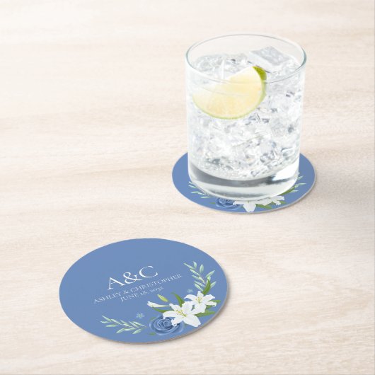 モダン水彩青フローラ結婚ズ ラウンドペーパーコースター (インサイチュ)