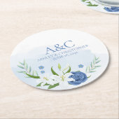 モダン水彩青フローラ結婚ズ ラウンドペーパーコースター (アングル)