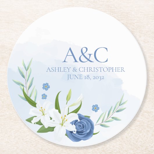 モダン水彩青フローラ結婚ズ ラウンドペーパーコースター (正面)