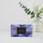 モダン水彩青紫(ばちゃばちゃ)跳ねる金ゴールド枠 名刺 (スタンド正面)