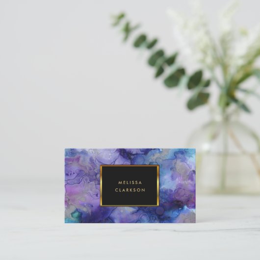 モダン水彩青紫(ばちゃばちゃ)跳ねる金ゴールド枠 名刺 (スタンド正面)