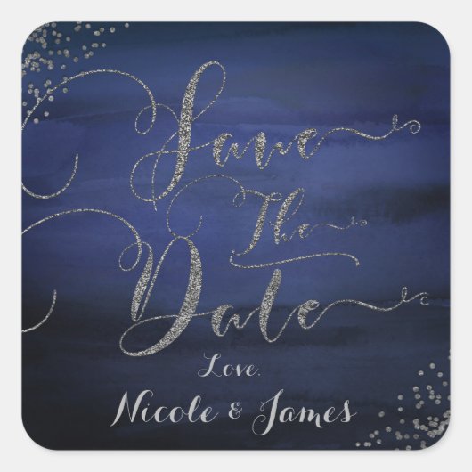 モダン水彩青銀紙吹雪救日 スクエアシール (正面)